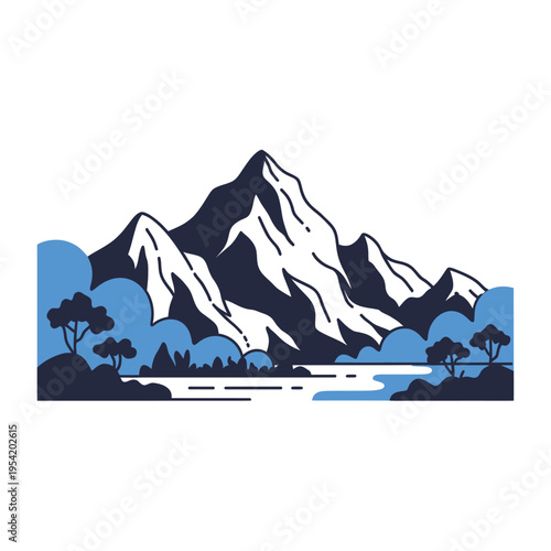 A serene mountain landscape with a lake and trees in a minimalist style