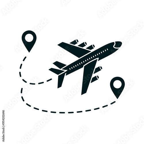 An airplane flying along a dotted path between two location markers.
