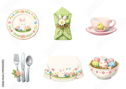 Easter tableware arranged with decorations on dark backdrop