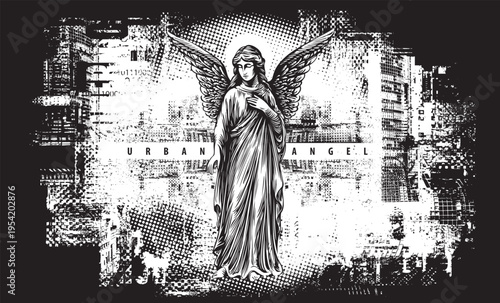 Vector banner with angel on cityscape and pixel graffiti background. On urbanism, street art, nuclear war, apocalypse and religion. T-shirt design, tattoo, poster, music or book cover.