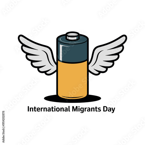 A battery with wings celebrating International Migrants Day on a white background