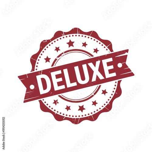 A red and white deluxe stamp with stars and a ribbon on a plain background