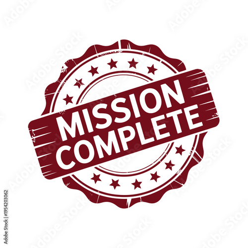 A red stamp with the words 'MISSION COMPLETE' on a white background