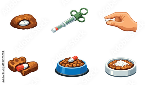 Pet medication and feeding items displayed on dark background