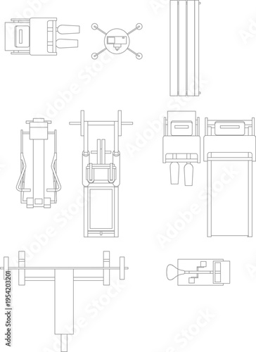 Technical architectural drawing showing gym equipment including weight machines, cardio equipment, and relaxation furniture in plan view.