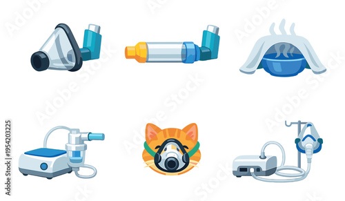 Cat receiving inhalation and nebulizer therapy on dark background