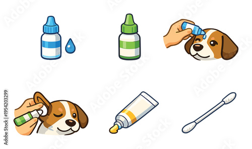 Dog receiving eye ear drops and topical ointment on dark background