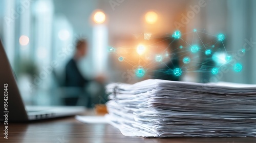 Medical history concept, featuring a stack of documents arranged on an office desk to symbolize patient records. Document management, digital transformation paperwork digitization, enterprise system. 