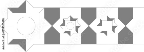 Technical architectural drawing showing a geometric border pattern with repeating star motifs, circles and shaded elements in a linear frieze design.