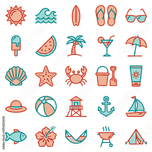 A collection of colorful line icons for summer and beach themes. Includes sun, wave, palm tree, and more. Perfect for travel or vacation designs.. Vector illustration