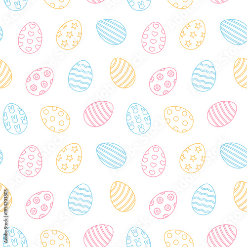 Seamless Easter pattern with outline eggs decorated with hearts, stars, flowers, stripes, dots and bunny shapes. Cute pastel spring holiday background with festive line art design for print. Vector.