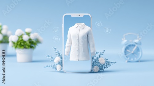 A white knitted sweater displayed inside a smartphone screen, surrounded by white flowers and a blue alarm clock on a soft blue background.