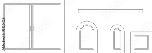 Technical architectural elevation drawing showing sliding closet doors, arched openings, rectangular windows and horizontal rail elements in various configurations.