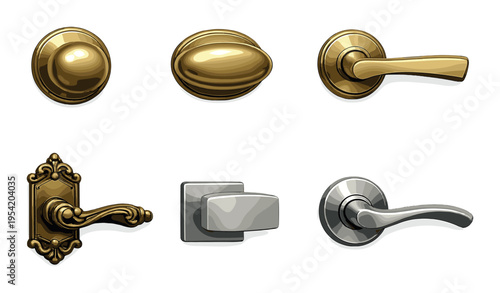 Assorted decorative door knobs and levers on metal panel
