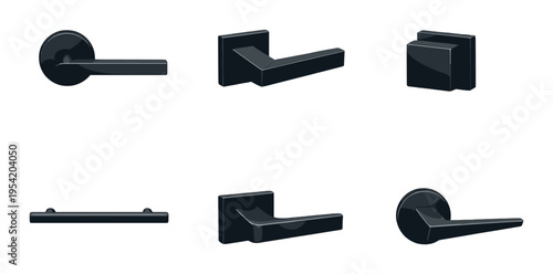 Matte black modern door levers and knobs on dark background