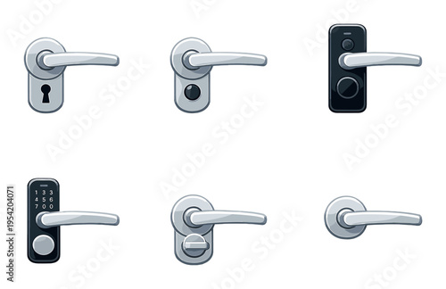 Various keyed and electronic door levers shown on metal background
