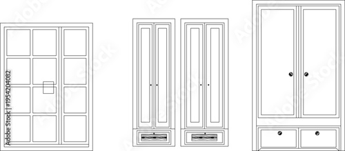 Technical architectural elevation drawing showing paneled door design and various wardrobe cabinet configurations with drawers and storage compartments.