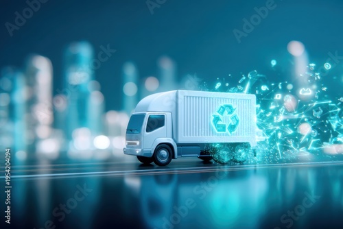 A futuristic delivery truck with a recycling symbol emits digital particles on a reflective surface with a blurred city backdrop at night.