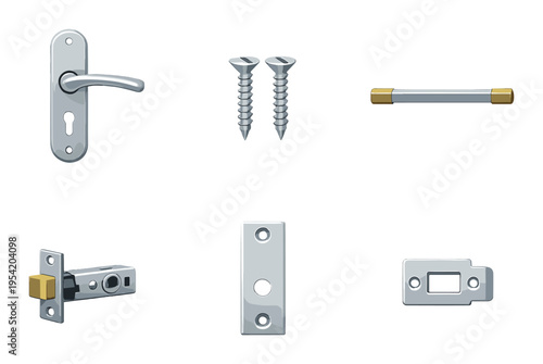 Door handle and latch components arranged on dark background