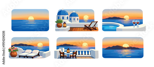 Sunset sea views and terraces with coastal balcony settings