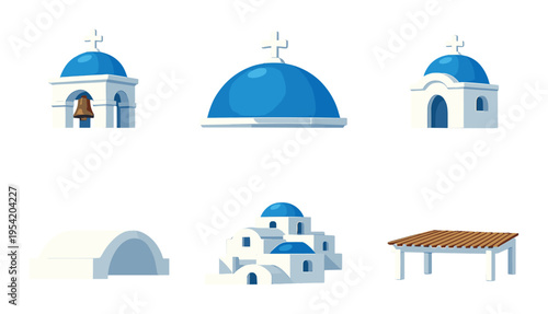 Blue domes and white church structures with architectural elements