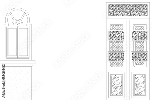 Technical architectural elevation drawing showing arched window with fanlight transom and ornate double door with decorative panels and cross-hatch patterns.