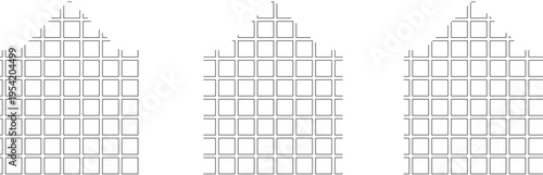 Technical architectural elevation drawing showing traditional stepped gable building facade with symmetrical grid window pattern and terraced roof.