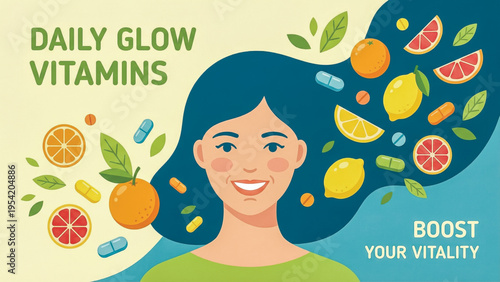 Smiling woman surrounded by vitamin C rich citrus fruits and supplements. Concept for health, beauty, and boosting vitality. Flat vector banner. Vector illustration