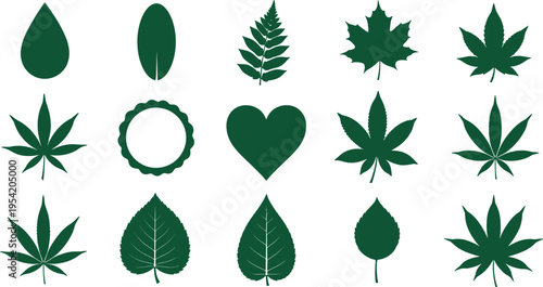 "Vector collection of green leaf silhouettes featuring maple, fern, cannabis, heart, and teardrop shapes arranged in decorative botanical patterns isolated on white background"
