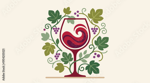 Red wine glass with grapevine leaves.