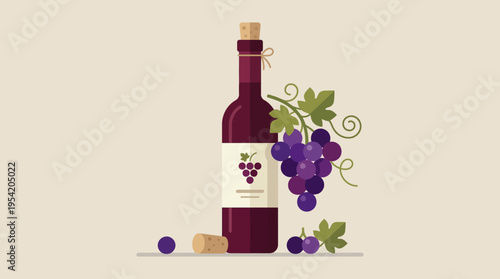Red wine bottle with grape bunch.