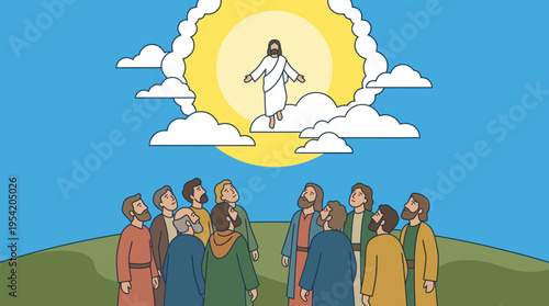 Jesus Christ standing on clouds above people.