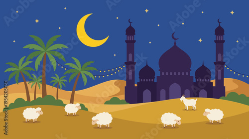 Sheep grazing in desert landscape scene.