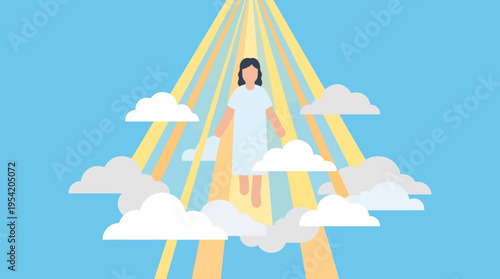 Woman standing on clouds with rays.