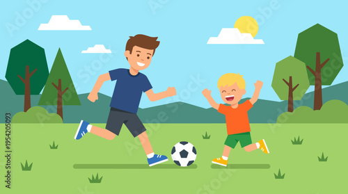 Two boys playing soccer outdoors.