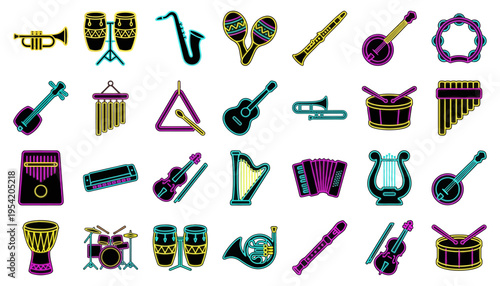 Neon musical instrument icons set | Vibrant glowing outline illustrations of drums guitar and wind instruments | Vector graphics