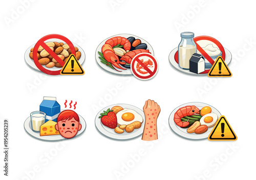 Food allergy icons showing common allergens and warning signs