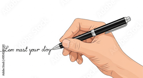 Hand holding pen writing on white background.