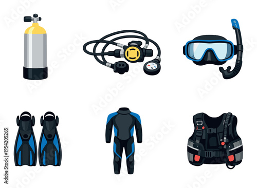 Scuba diving equipment arranged on dark underwater background