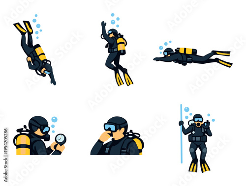 Scuba divers performing maneuvers and checks underwater