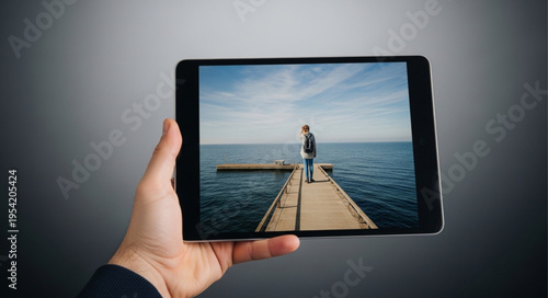 Hand Holding Tablet Displaying Person on Dock by Water.