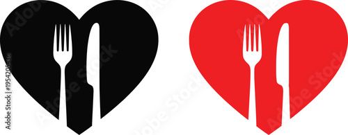 A pair of heart shaped icons featuring negative space silhouettes of a dinner fork and a knife Vector