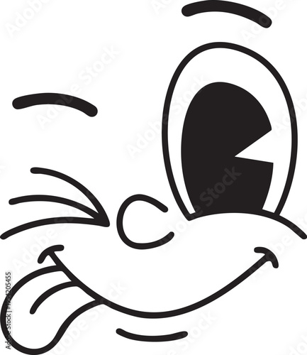 Funny cartoon face winking and sticking out tongue playful expression for comic design isolated on white background