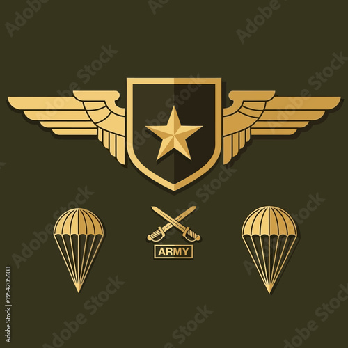 Golden Army Aviation Badge with Wings, Star, Swords, and Parachutes on Green Background