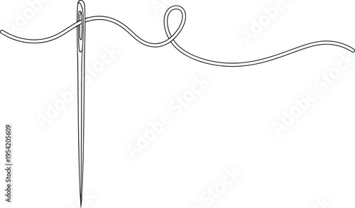 A minimalist black and white line art illustration of a sewing needle threaded with a long string Vector