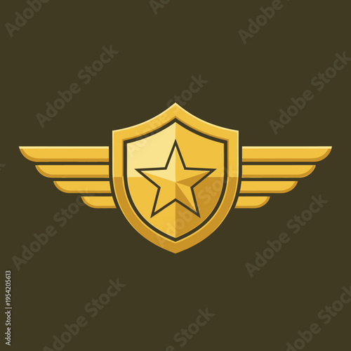 Golden Military Badge with Wings and Star Emblem