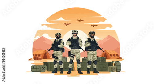 Elite Soldiers Standing Guard in Desert Landscape with Aircraft Overhead