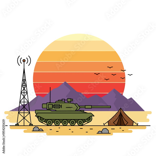 Desert military camp with tank, radio tower, tent, and sunset.