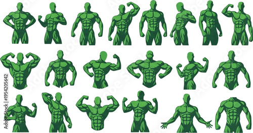 Collection of Stylized Green Muscular Body Silhouettes
