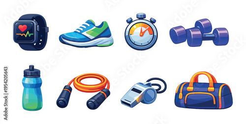 Running shoe stopwatch whistle and gym gear icons on dark panel